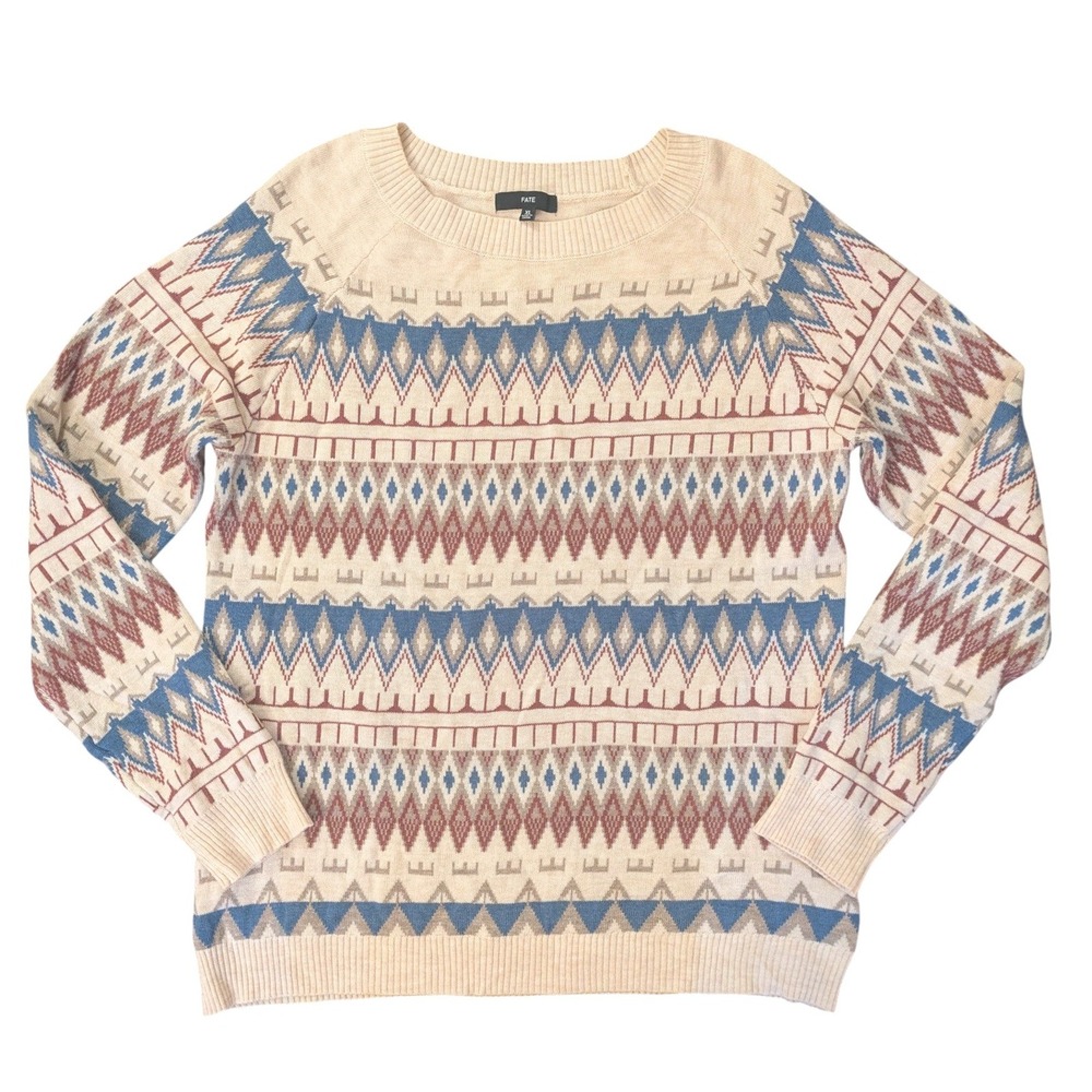 FATE Fair Isle Nordic Pattern Knit Sweater Women's L Cabincore Cream Blue Rust‎